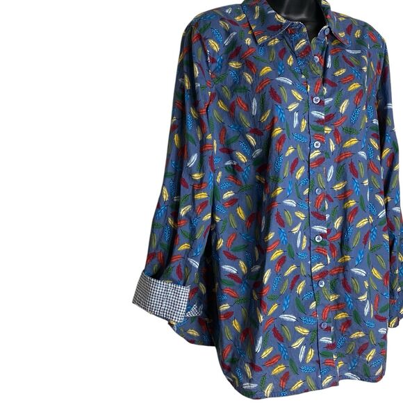 Talbots Top Womens 1X Button Up Roll Tab Sleeve Shirt Feather Artsy Western Boho - Picture 6 of 11
